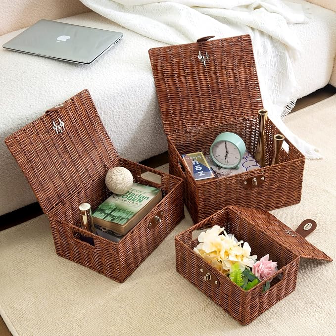 Set of 3 Woven Wicker Storage Basket Box with Lids & Lock, Built-in Carry Handles, Multifunctional Storage Organizer for Nursery, Baby, Toys, CLoset, DVD Large/Medium/Small Size (Natural)