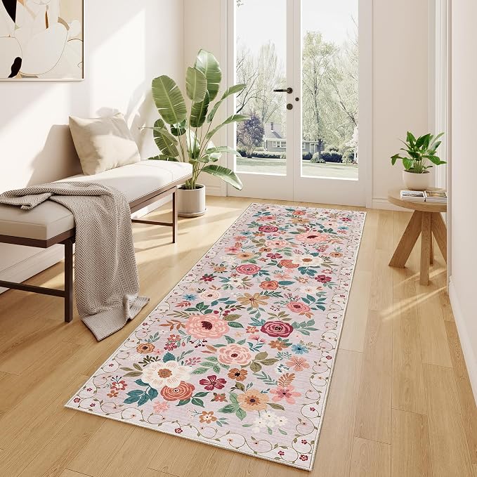 DUKINO 2.6x8 Runner Rug, Washable Runner Rug for Hallway Non Slip, Beige | Low Pile, Soft, Floral Indoor Rug for Kitchen, Entryway, Bedroom, Bathroom, Pet Friendly, Stain Resistant, Modern Home Decor