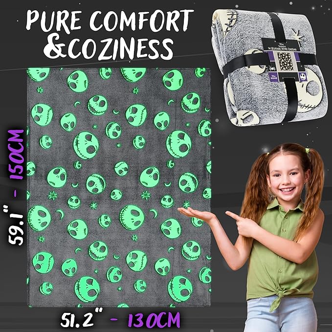 Disney The Nightmare Before Christmas Glow in The Dark Throw Blanket 51x59” for Kids Teens Adults, Soft Fleece Throw Blanket Sofa Bed, Gifts for Kids (Grey TNBC)