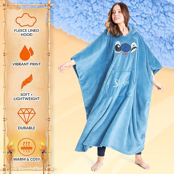 Disney Stitch Blanket Hoodie for Women Teens, Wearable Oversized Fleece Hooded Poncho with Pocket, Cozy Gifts for Women
