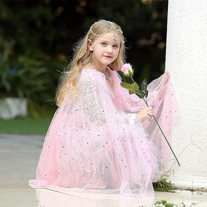 Princess Dress Up Clothes, 7pcs Princess Cape Crown with Wand for Girls 3-8 Years Toddler Princess Dress Up for Birthday Gift