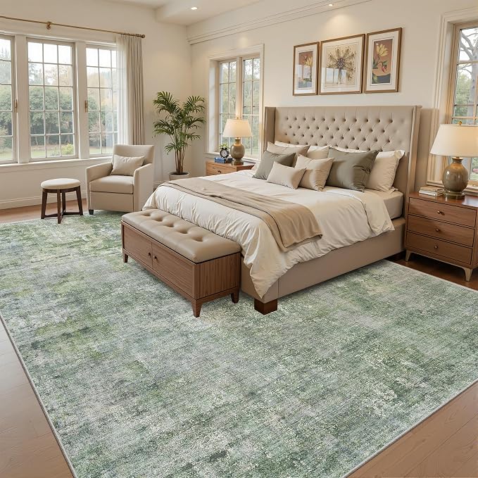 Soalmost Abstract 7x10 Area Rug for Living Room Washable Rugs Green/Ivory | Non-Slip Low-Pile Carpet for Dining Bedroom, Foldable Thin Vintage Stain Resistant Floor Mat Under Table Home Office Nursery