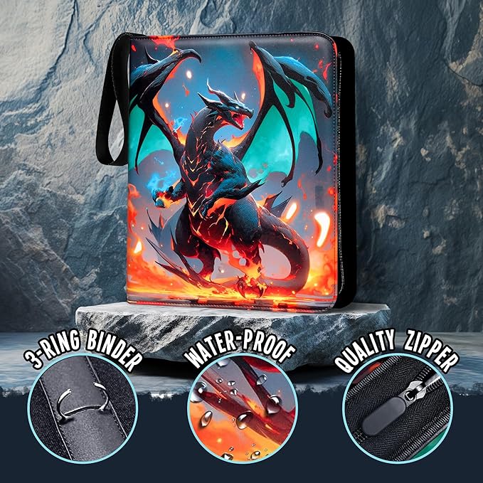 Trading Card Binder 9-Pocket – Display Pocket & ID Slot, Holds 900 Cards, Zippered 3-Ring Card Album with 50 Removable Sleeves for TCG/Sports Cards + Metal Keychain