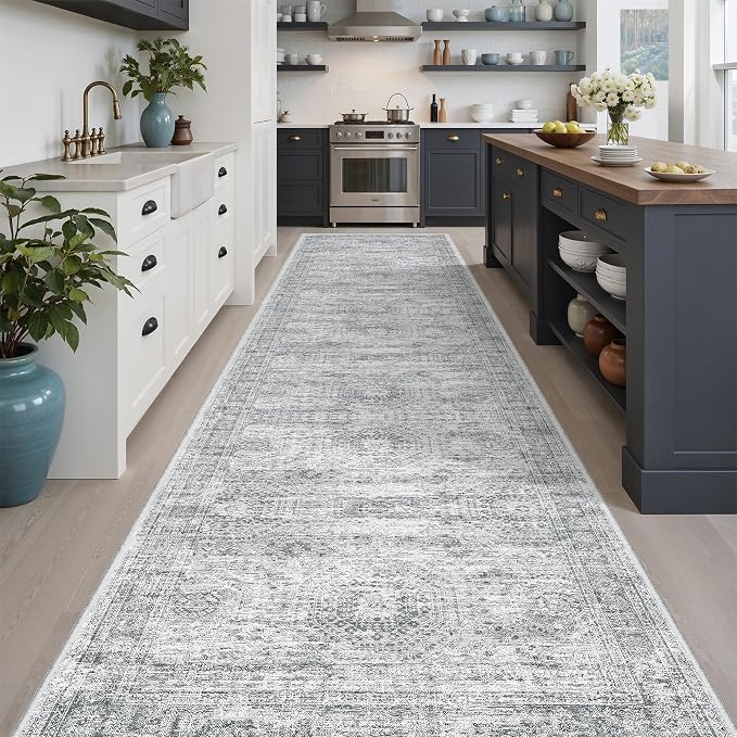 Soalmost Washable Hallway Runner Rug 3x12 Kitchen Entry Rugs Non-Slip, Grey | Vintage Long Runners 12ft for Bathroom Entryway, Foldable Low-Pile Wide Floor Carpet Mat for Corridor Laundry Room Bedroom