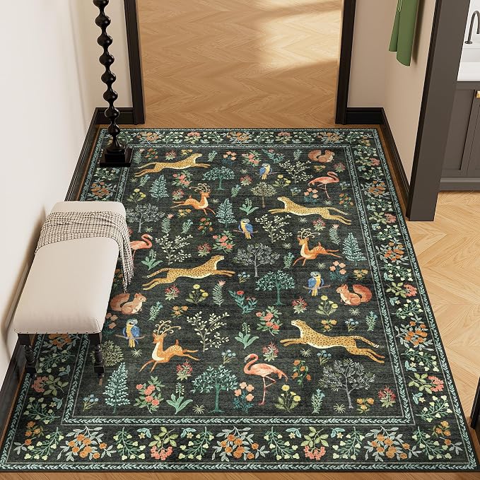 DUKINO 3x5 Rug, Washable Animal Area Rug for Bedroom Non Slip, Black | Low Pile, Stain Resistant, Soft Indoor Carpet for Living Room, Kitchen, Dining Room, Nursery, Lightweight, Pet Friendly