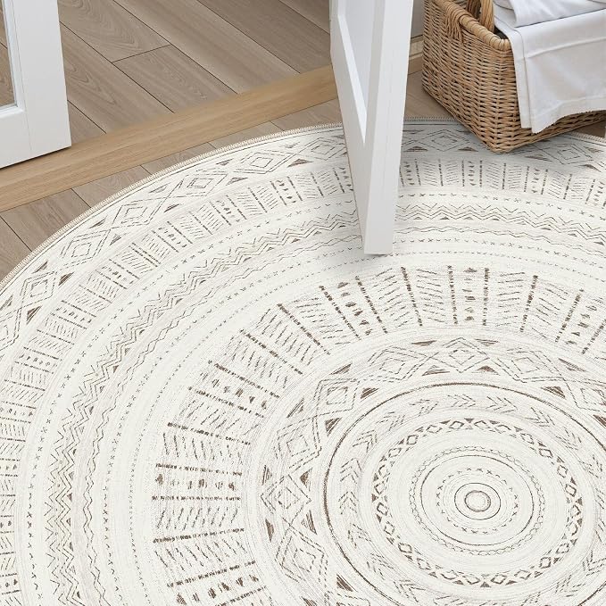 cotiled 6x6 Round Area Rugs Living Room Rug: Washable Boho Rugs with Non Slip Backing Large Soft Indoor Stain Resistant Carpet for Bedroom Farmhouse Dining Room Lightweight Home Decor L Brown/Cream