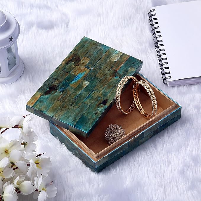 Handicrafts Home Large Decorative Storage Box with Lid – 12x6x2” Coffee Table Organizer, Keepsake- Decorative Boxes for Home Decor, Stylish Decorative Box for Office Decor- Verdigris