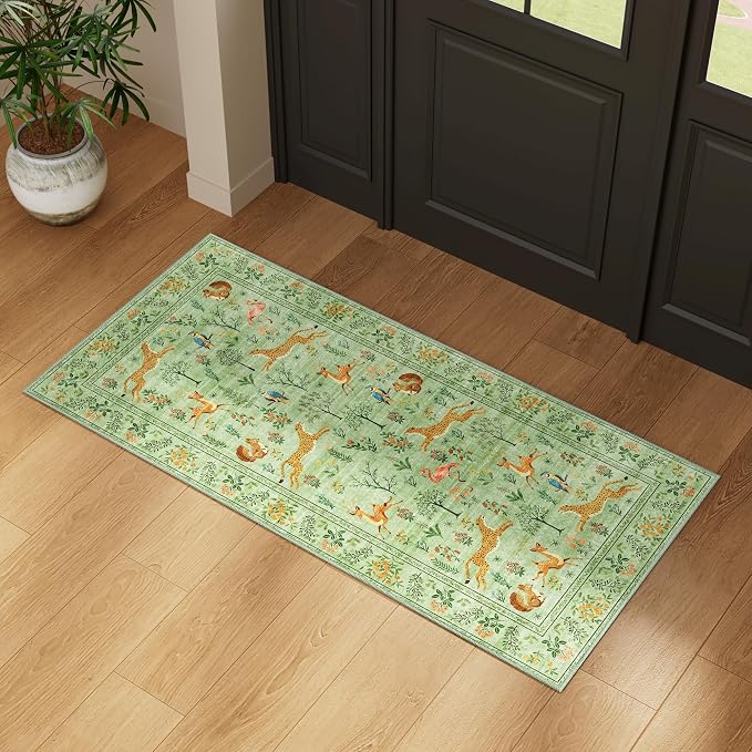 DUKINO 2x4 Rug for Entryway, Animal Washable Rug for Kitchen, Light Green | Non Slip, Low Pile, Stain Resistant Indoor Runner Rug for Hallway, Bedroom, Bathroom, Laundry, Pet Friendly, Non-Shedding