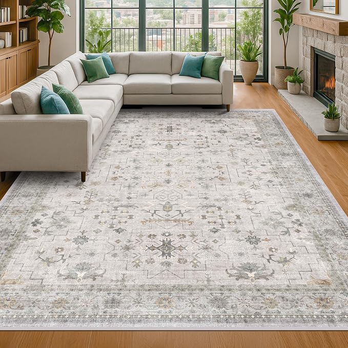 Boho Large Living Room Rug 8x12 - Washable Low Pile Area Rug for Dining Room, Neutral Light Gray & Sage Bedroom Carpet, Distressed Vintage Floral Design, Low Pile Stain Resistant