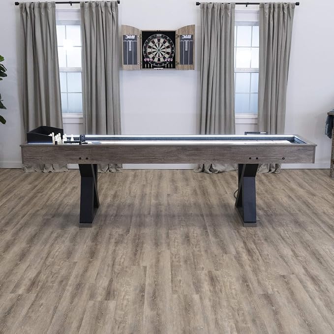 American Legend Kirkwood 9’ Shuffleboard Table with LED Rails, Bowling Game Set, Rustic Wood Finish & Accessories Included