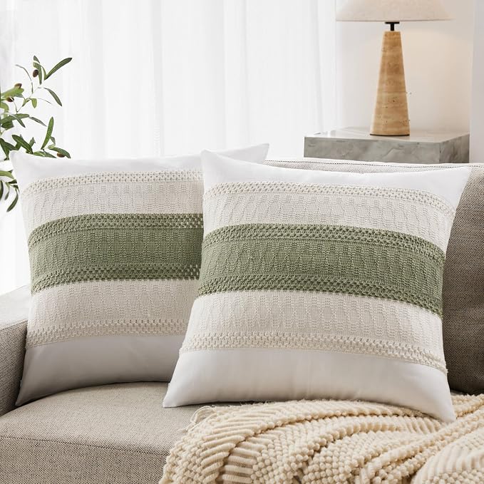 2pk Boho Pillow Covers 24x24, Natural White/Contrast/Green | 100% Organic Cotton Body, Stripe Embroidery, Farmhouse Decorative Cushion Covers for Sofa Bed Living Room Home Decor
