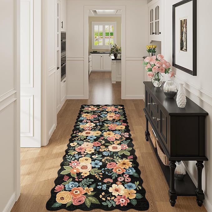 DUKINO 2x6 Runner Rug, Floral Washable Rug for Kitchen Non Slip, Navy Blue | Soft, Low Pile, Non-Shedding Long Runner Rugs for Kitchen, Entryway, Bedroom, Bathroom, Pet Friendly, Home Decor, Ultra-Thin