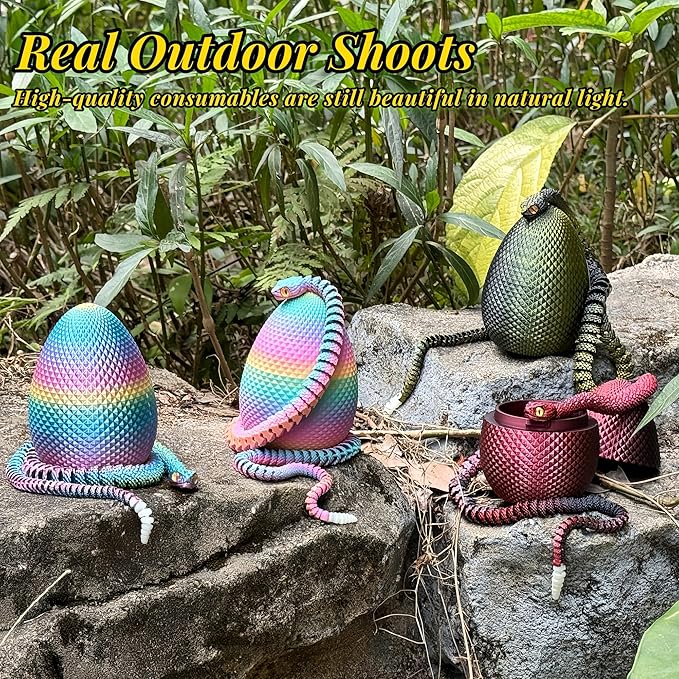 3D Printed Snake with Egg Set - 23.23Inch Flexible Articulated Snake with Luminous Tail, 3D Printed Animal Fake Snake Fidget Toys for Kids & Adults (Multicolored)