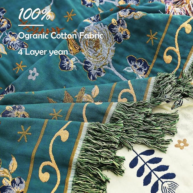 VANJOROY Boho 100% Organic Cotton Muslin Large Throw Blanket 60" x 80" - All Season Rustic Ultra Soft Breathable Floral Bird Blanket for Bed Sofa Couch Chair Bedspread Quilt Gift,-Teal/Green