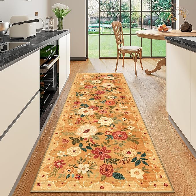DUKINO 2x6 Runner Rug for Hallway, Washable Kitchen Rugs Non Slip, Orange | Low Pile, Soft, Floral Indoor Rug for Entryway, Bedroom, Laundry, Bathroom, Pet Friendly, Lightweight, Modern Home Decor