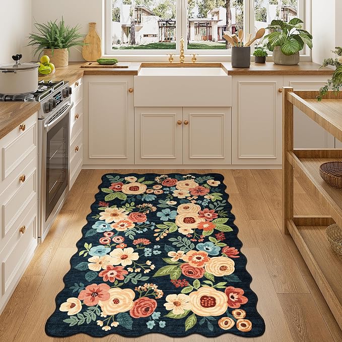 DUKINO 3x5 Area Rugs, Non Slip Floral Washable Rug for Bedroom, Navy Blue | Soft, Low Pile, Non-Shedding Throw Rugs for Living Room, Entryway, Kitchen, Kids Room, Pet Friendly, Home Decor, Lightweight