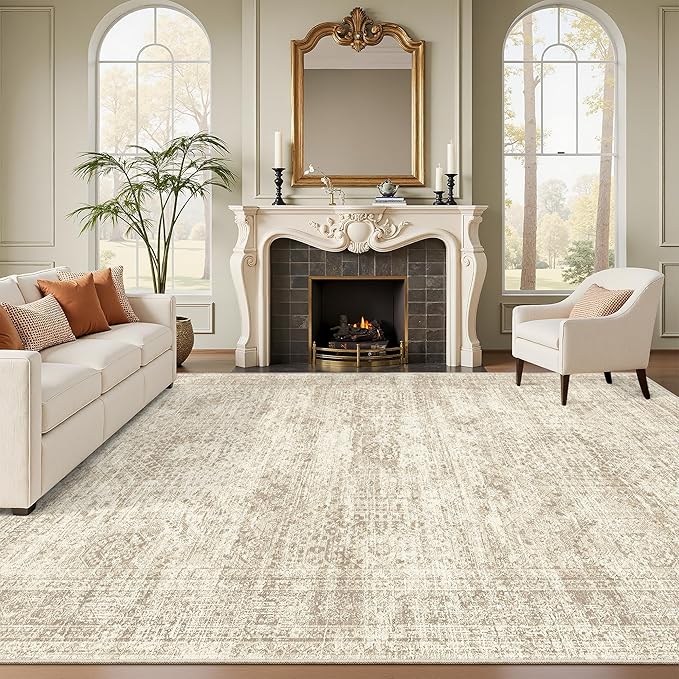 Soalmost Washable Area Rug 8x10 Large Soft Beige Rugs for Living Room | Vintage Non-Slip Carpet for Dining Bedroom, Stain Resistant Low Pile Foldable Lightweight Floor Mat Under Table Home Decor