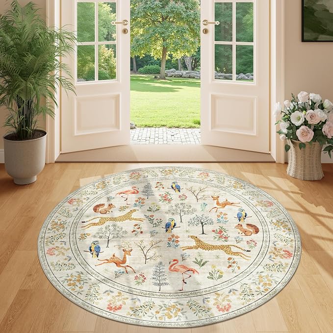 DUKINO 4ft Round Rug, Washable Animal Small Round Area Rug Non Slip, Beige | Low Pile, Soft, Non-Shedding Indoor Circle Carpet for Bedroom, Entryway, Living Room, Farmhouse, Pet Friendly, Lightweight