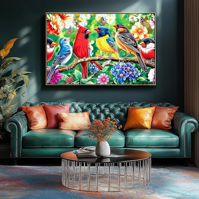 500 Piece Bird Jigsaw Puzzle | Vibrant Cardinal & Blue Bird with Flowers & Butterflies | Perfect Adult Puzzle | Unique Art for Home Decor & Gifts