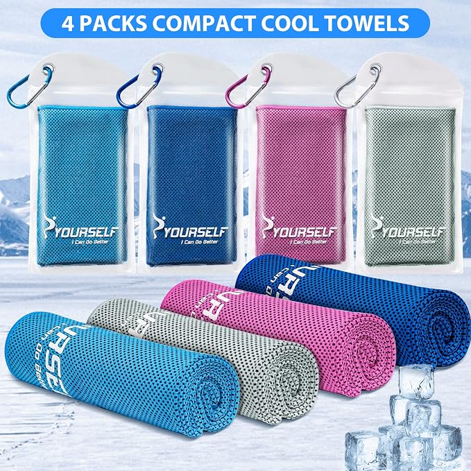 SYOURSELF Cooling Towels for Neck and Face, 4 Pack 40" x 12" Cooling Towel for Hot Weather, Soft Breathable Instant Cool Chilly Pad for Sports Golf Yoga Gym Athletes Camping Ice Towels