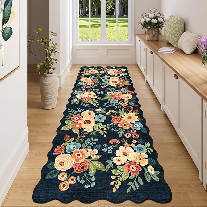 DUKINO 3x8 Kitchen Runner Rug, Floral Washable Rug for Hallway, Navy Blue | Low Pile, Non-Sheding, Soft Throw Rug Runner for Entryway, Hallway, Bedroom, Bathroom, Laundry, Pet Friendly, Home Decor