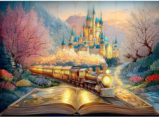 Puzzles for Adults 500 Pieces, Train Jigsaw Puzzles - Train of Fantasy, Impossible Glass Castle Puzzle for Seniors Families, 20.47x14.96 Inches, 1:1 Poster, Letter On The Back