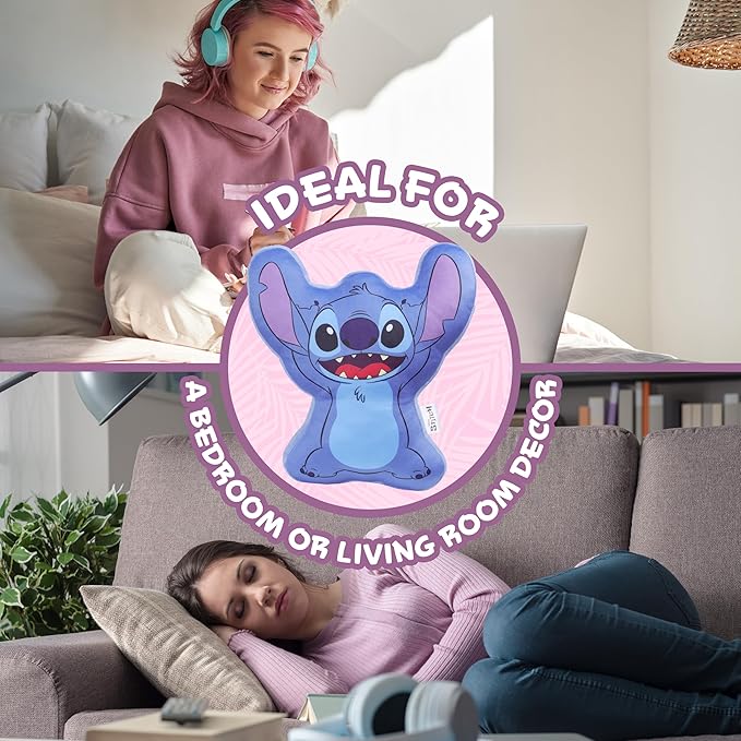 Disney Stitch 3D Plush Cushions for Bed Travel, Cute Cuddle Pillow Stuffed Character Pillow, Bedroom Accessories, Room Decor, Gifts for Kids (Blue Stitch, L13.38 x W12.59)