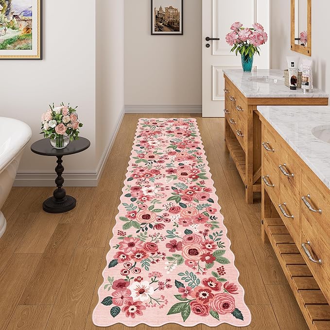 DUKINO 2x8 Washable Runner Rug, Floral Non Slip Kitchen Runner Rug, Pink | Low Pile, Soft Throw Rug Runner for Hallway, Entryway, Bedroom, Bathroom, Pet Friendly, Stain Resistant, Home Decor