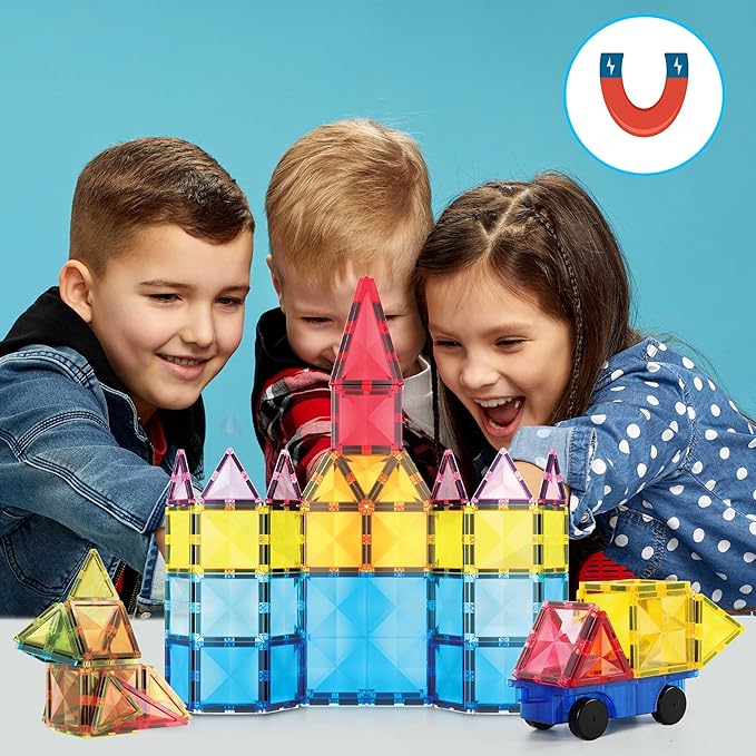 PicassoTiles 63 Piece Magnetic Building Block Construction Toy Set Diamond Magnet Tile Blocks with Car Truck STEM Learning Kit Early Education Builder Playset Toys for Children Toddler Boy Girl Age 3+