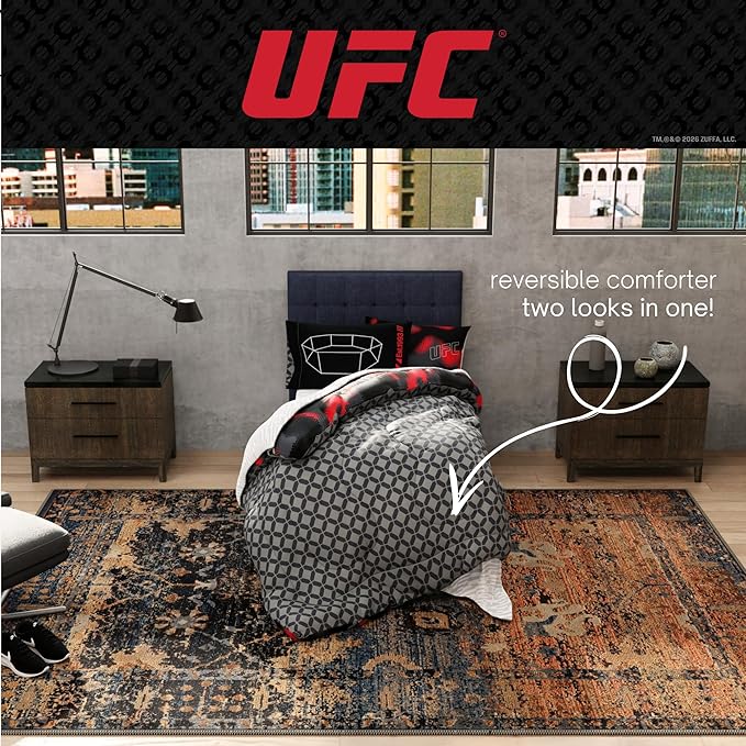 UFC Fight Night Bedding Set, Twin Size 5 Piece Set Super Soft Cozy Reversible Comforter and Sheet Set with Sham, (100% Officially Licensed Product) by Franco
