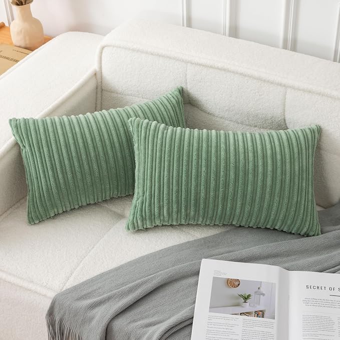 UGASA 12x24 Inch Pillow Cover Pack of 1 Soft Boho Stripe Corduroy Long Rectangular Lumbar Cushion Cover Farmhouse Decorative Throw Pillowcase for Bed, Couch, Sofa, Bedroom, Living Room, Sage Green