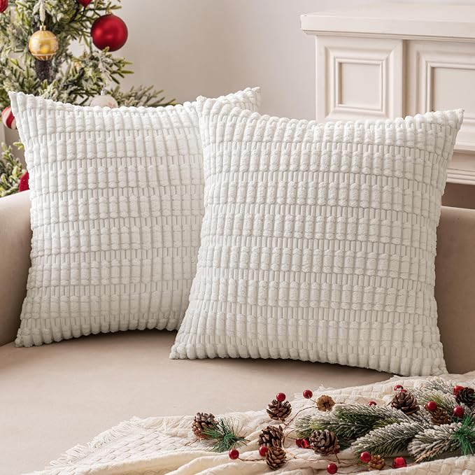 MIULEE Corduroy Decorative Throw Pillow Covers 20x20 Pure White Pack of 2 | Soft Boho Striped Pillow Covers Modern Farmhouse Home Decor For Sofa Living Room Couch Bed
