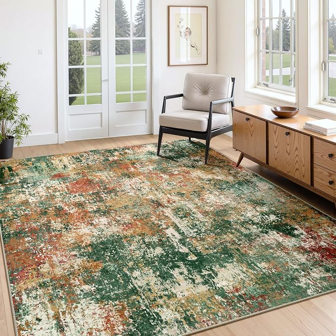 RELEANY Washable 4'x6' Abstract Area Rug for Living Room Green Multi | carpet for bedroom, kitchen, office, hallway and entryway, printed pattern, non-slip, soft, stain-resistant, easy to clean