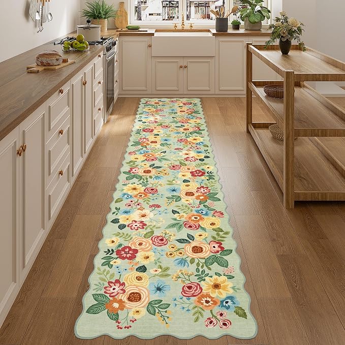 DUKINO 2.6x12 Washable Runner Rug, Floral Non Slip Long Kitchen Rug, Green | Low Pile, Stain Resistant, Soft Throw Rugs Runner for Hallway, Entryway, Bedroom, Bathroom, Modern Home Decor, Non-Shedding