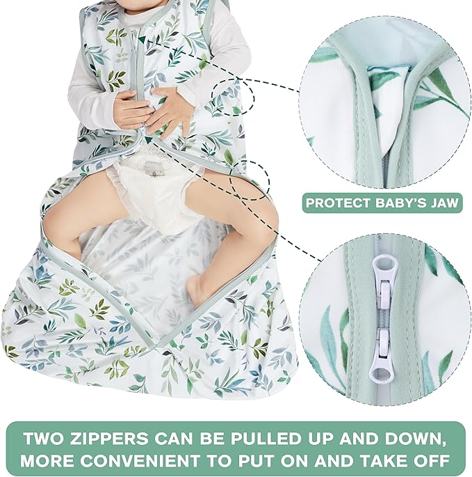 BSTOPPT 3 Pack Baby Sleep Sack 6-12 Months 100% Rayon Cotton Baby Sleeping Bag 2-Way Zipper Toddler Wearable Blankets Comfy Stretchy TOG 0.3 Lightweight（Banana&leaf&green）