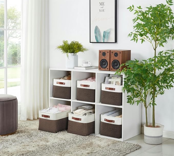 DECOMOMO Storage Bins, Extra Large Fabric Storage Baskets for Shelves 3Pack | 15.8 x 12.5 x 10 inches Decorative Linen Closet Organizers (Brown & White)