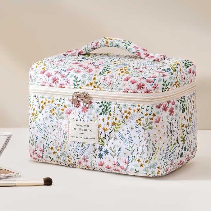 HBselect Quilted Makeup Bag, 3PCS Cotton Large Travel Makeup Bag, Cute Floral Coquette Make up Bag Cosmetic Bag Toiletry Bag for Women Girls