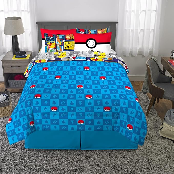 Pokémon Pikachu Full Size Bedding Set – Kids Bedding Super Soft Cozy Reversible Comforter and Sheet Set with Sham, 7 Piece Full Size, (Officially Licensed Product) by Franco