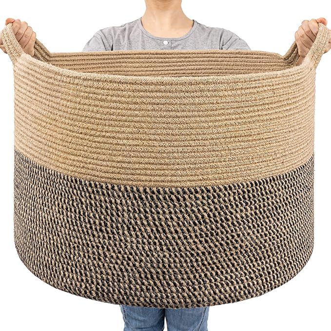 Goodpick Large Wicker Basket for Blankets, Baby Toy Storage Basket, 85L | 21.7 x 21.7 x 13.8 In Baby Storage Basket for Nursery, Blanket Basket for Living Room, Laundry Basket for Towels, Jute