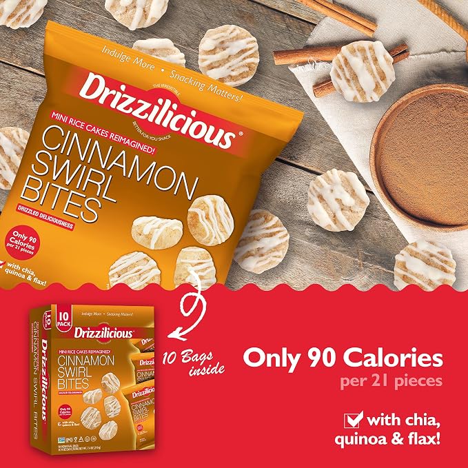 Drizzilicious Mini Flavored Rice Cakes Cinnamon Swirl - Rice Crisps, Healthy Snack for Adults and Kids, Vegan, Gluten Free Snack, Allergen Free, Only 90 Calories Per Bag - 0.74 oz (Pack of 10)
