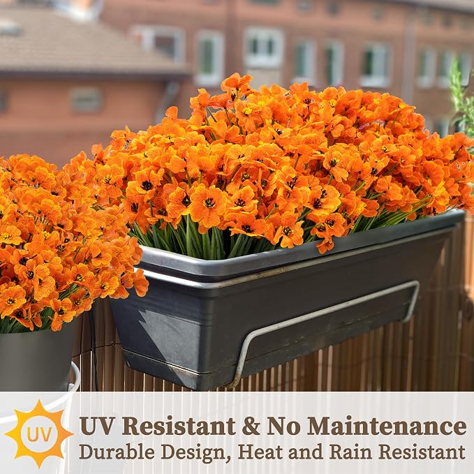 ColoPlay Artificial Mums for Outdoors, 72 Bundles Fake Flowers Fall Decor | Fake Fall Flowers Faux Mums for Outdoor Planters, UV Resistant Artificial Plants for Home Garden Porch Farmhouse(Orange)