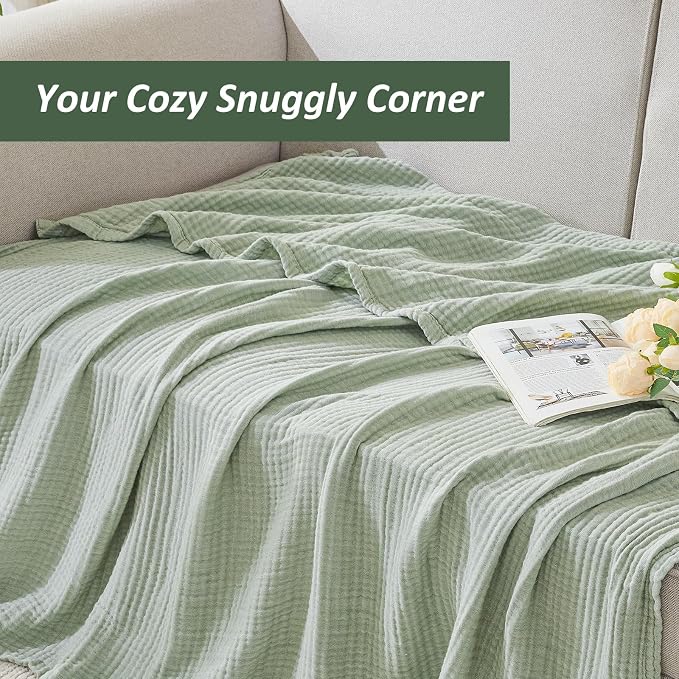 EMME Cotton Muslin Queen Blanket Bed Layering Bedspread Coverlet Breathable Gauze Soft Lightweight Blankets Adults (Heather Sage Green, 90"x90")