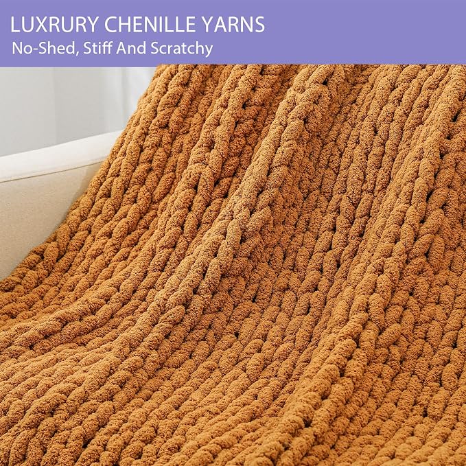 Bigacogo Chunky Knit Throw Blanket for Couch, 40x80 inches, Burnt Orange | Hand Knit with Jumbo Chenille, Soft Breathable Cable Knit for Sofa Bed Living Room, Machine Washable, Gift for Mom Friend