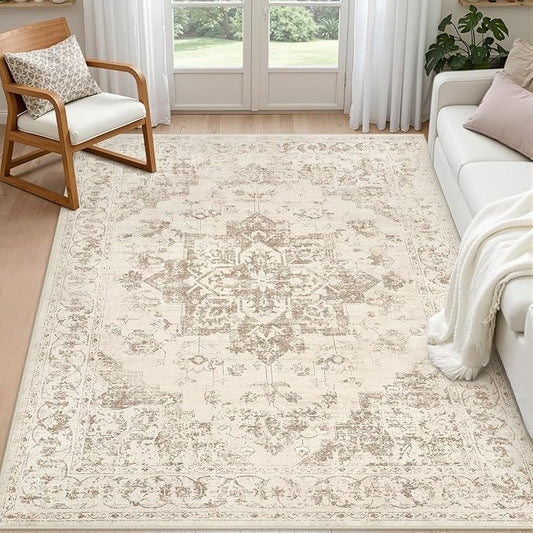 4x6 Area Rugs for Living Room: Vintage Boho Neutral Washable Rug Indoor Soft Large Area Rug Carpet for Bedroom Nursery Farmhouse Dining Room Office Floor Non-Slip Low Pile Under Table Rug Beige/Ivory