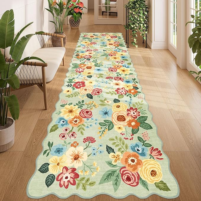 DUKINO 3x10 Runner Rug, Non Slip Floral Washable Rug for Hallway, Green | Low Pile, Soft, Stain Resistant Throw Carpet Runner for Kitchen, Entryway, Bedroom, Bathroom, Lightweight, Modern Home Decor