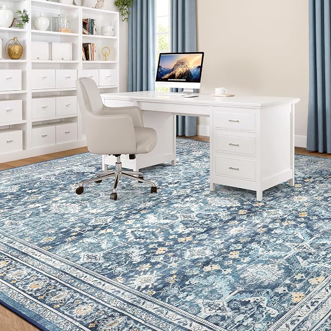 9x12 Area Rugs for Living Room, Blue Washable Non-Slip Large Carpet | Soft Area Rug for Dining Room Home Office Indoor Nursery, Stain Resistant, Low Pile, Vintage Boho Distressed Rug