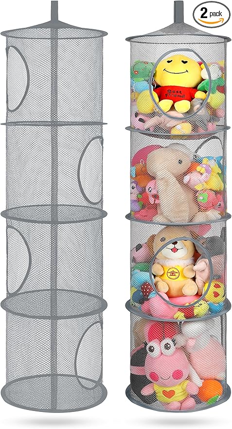 2Pcs Stuffed Animal Storage Foldable Stuffed Animal Net or Hammock Organizer, 4 Compartments Hanging Mesh Toy Storage Hammock for Kid Room Toys, Gloves, Hats, Socks（Grey）
