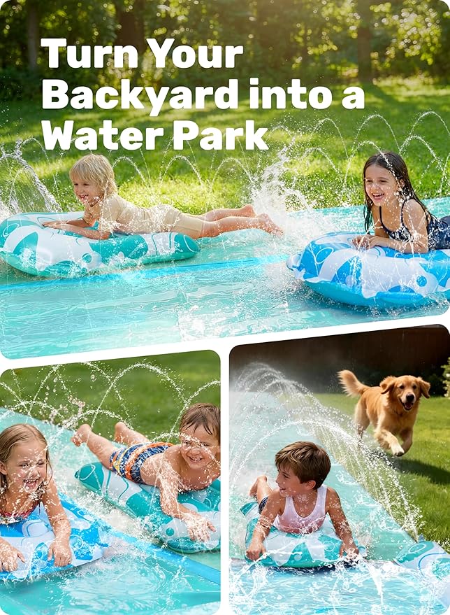 JOYIN 22.5FT Water Slide and 2 Inflatable Boards, Extra Long Heavy Duty Double Lawn Waterslide with Sprinkler for Kids Adults Backyard Summer Water Toy Outdoor Fun, Blue, Light Blue