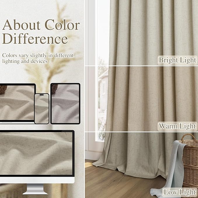 Extra Long 100% Blackout Linen Curtains for Bedroom 108 inches Long 9 FT, Thermal Insulated Room Darkening Black Out Window Drapes for Living Room, Back Tab Rod Pocket 2 Panels Set,Grey Flax,52x108