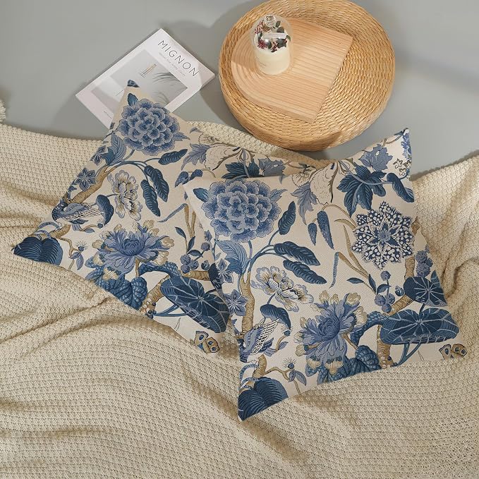 Blue Pillow Covers 22x22 Inch Set of 2 Vintage Blue Floral Throw Pillows Chinoiserie Flower Decorative Pillow Cases Outdoor Linen Farmhouse Cushion Cover for Couch Home Sofa Bed Decorations
